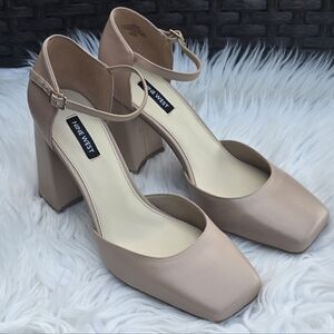 Nine West Youda Chunky Block Leather Heels D'orsay Pump Nude Beige 9.5